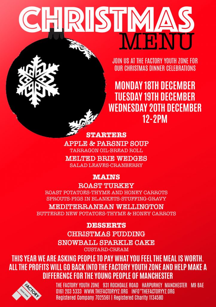 Christmas Menu 2017 Manchester Youth Zone